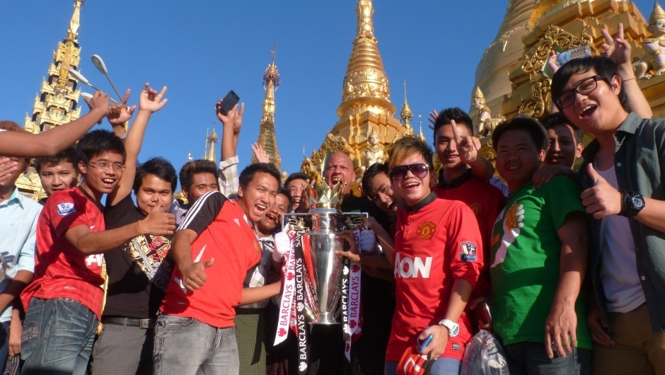 United supporters outside Shwedagon Pagoda in Myanmar