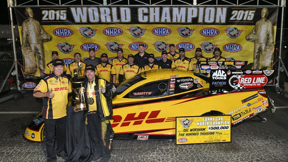 DHL Toyota Camry Funny Car driver, Del Worsham, wins 2015 NHRA Mello Yello World Championship