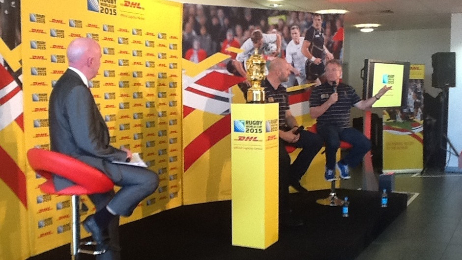 Alan Keegan, Lawrence Dallaglio and me talk rugby to DHL staff and customers.