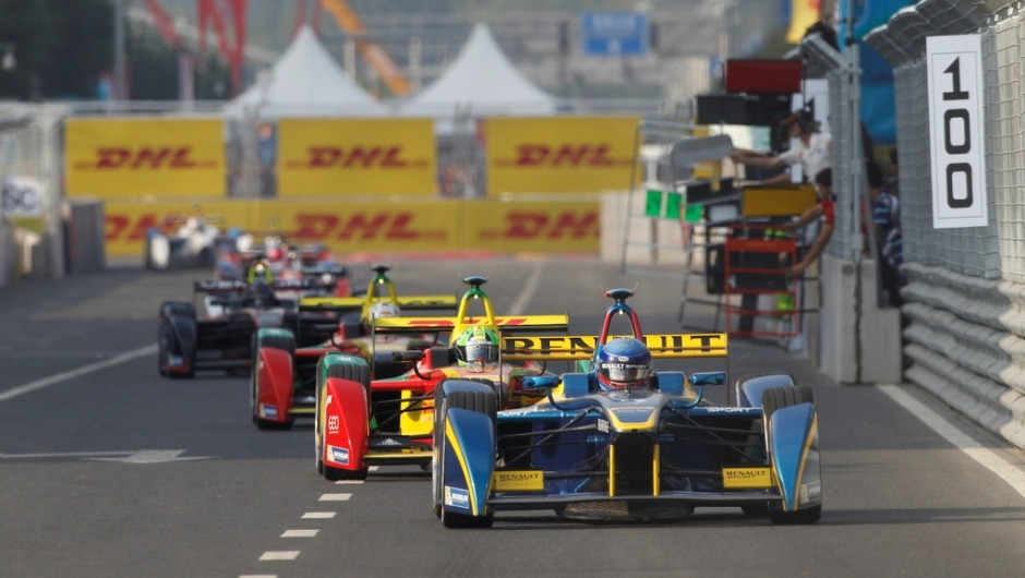 Formula E cars racing in the 2014 Beijing ePrix