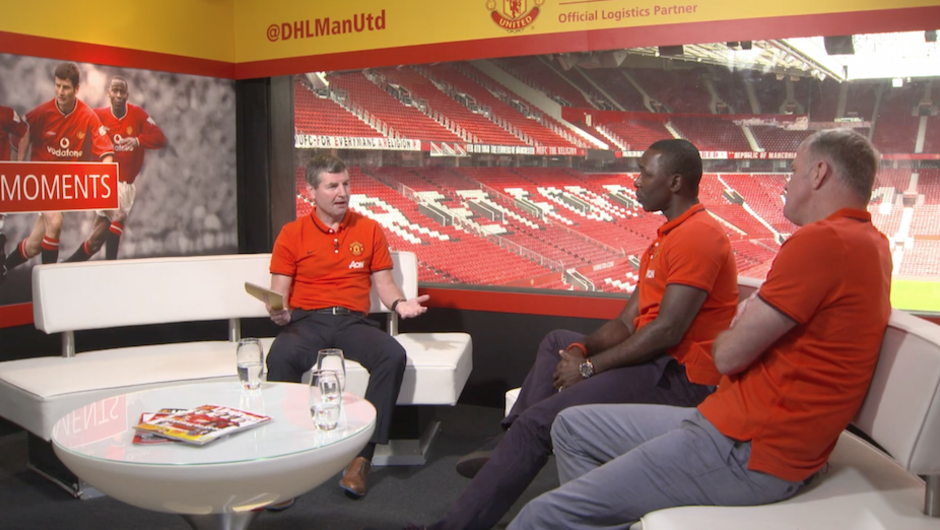 Denis Irwin, Andrew Cole and Gary Pallister in the DHL studio at Old Trafford