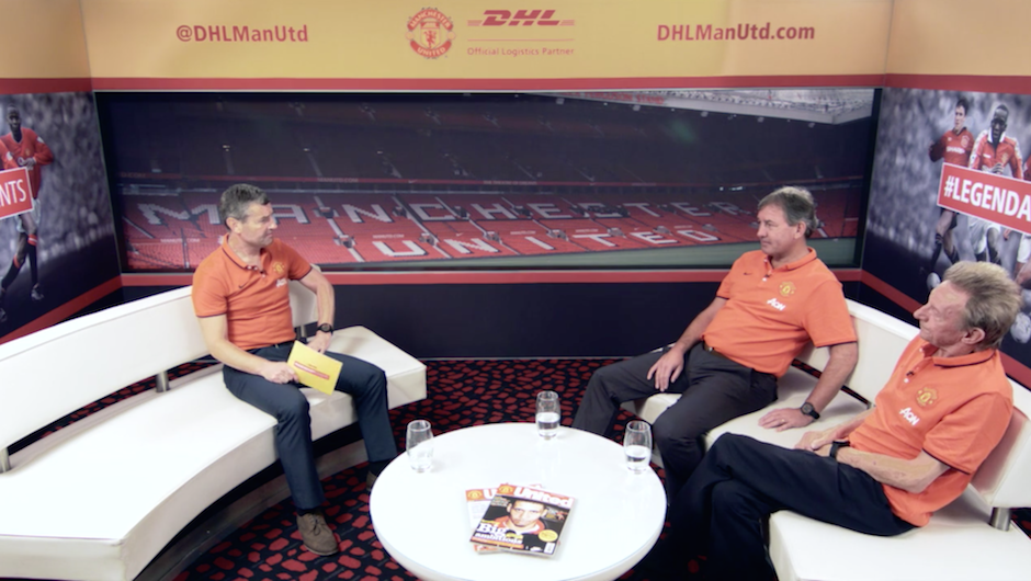 Denis Irwin speaks with Bryon Robson and Denis Law