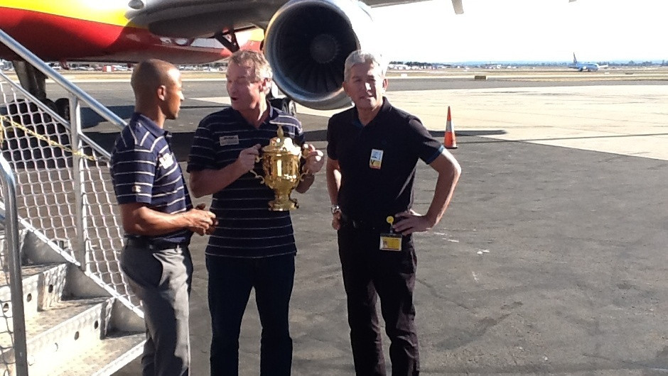 Former Wallabie George Gregen was joined on the tarmac in Sydney by Gary Edstien, Head of DHL Express Oceania