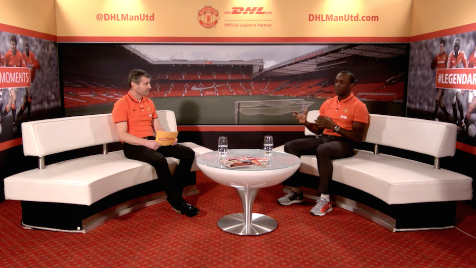 Denis Irwin and Dwight Yorke in the DHL studio at Old Trafford