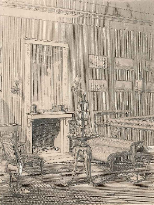 Sala de fumadores y de billar de la época “Biedermeier”, grabado sobre acero de Jakob Hyrtl basado en una acuarela de Josef Danhauser