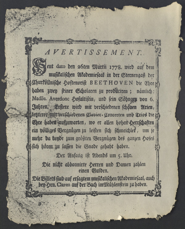 Anuncio de la primera actuación de Beethoven como pianista en Colonia, el 26 de marzo de 1778