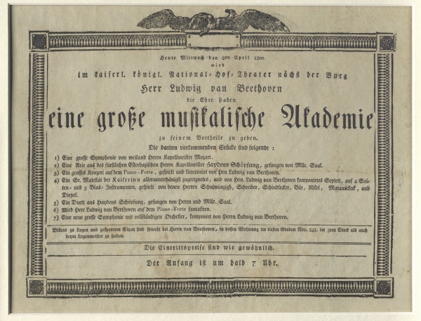 Plakat ogłaszający pierwszy własny koncert Beethovena („Akademie”) w wiedeńskim Burgtheater, który odbył się 2 kwietnia 1800 r.